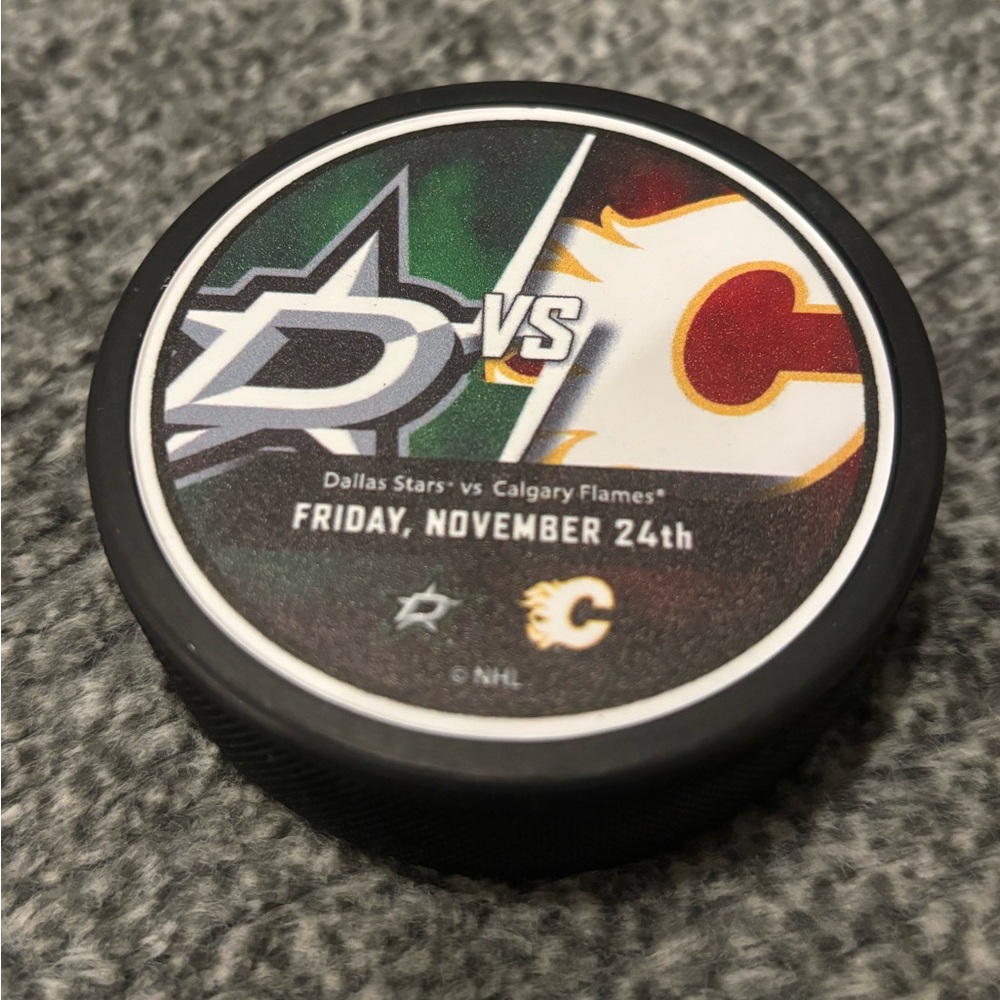 Dallas Stars vs Calgary Flames NHL Match Up Hockey Puck 11/24/2024